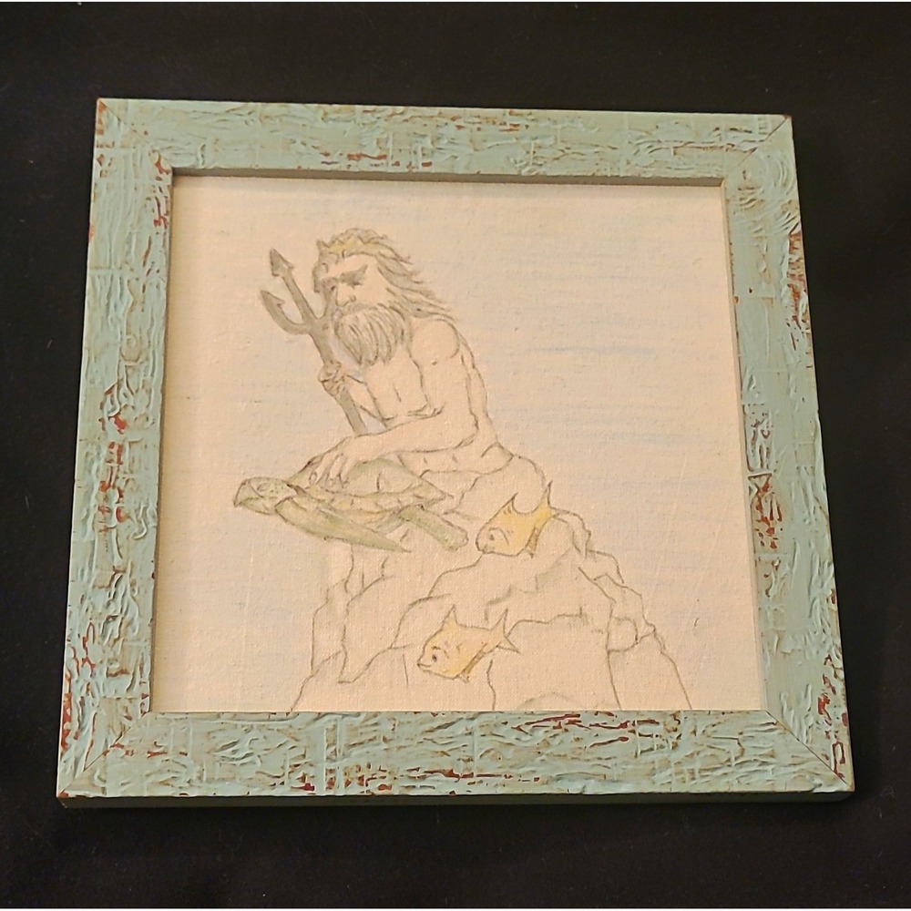 Original Signed & Framed Pencil Illustration of Poseidon Trident Fish Sea Turtle